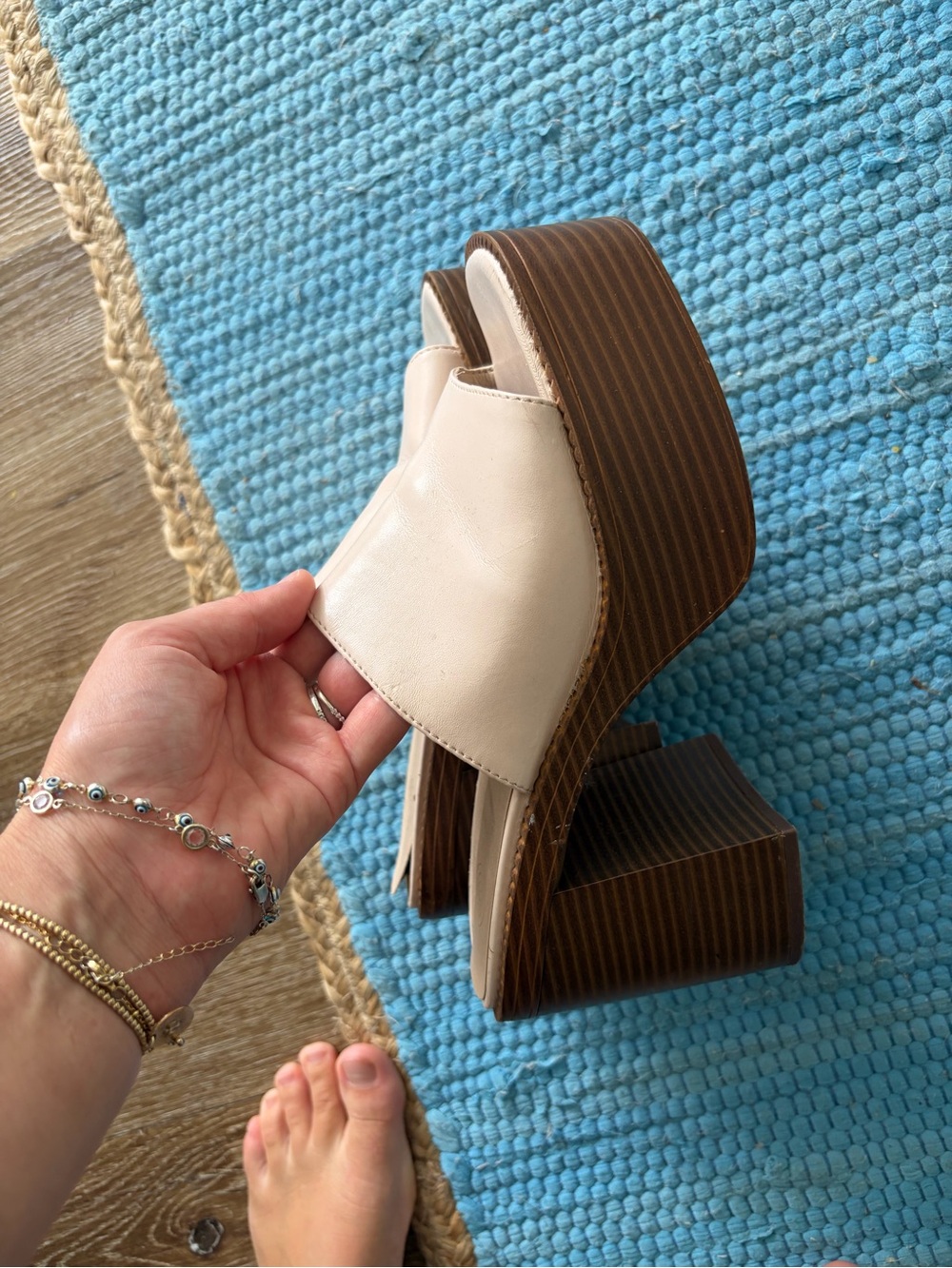 Urban Outfitters Cream Platform Slide Sandals with Brown Wood-Look Heel